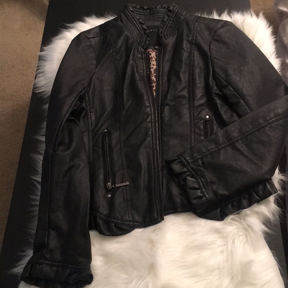 Faux leather black PM frill collar moto jacket